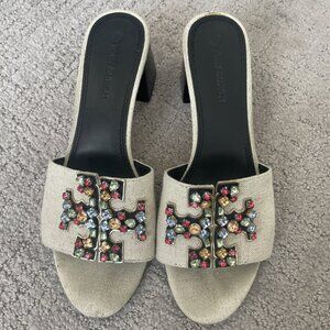 TORY BURCH CRYSTAL LOGO SLIDE SANDAL LINEN BIEGE SZ US 8